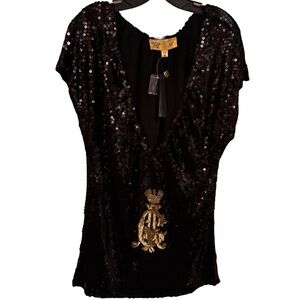 NEW Christian Audigier Womans Black Sequins Top W/ Gold Accents size Medium NWT